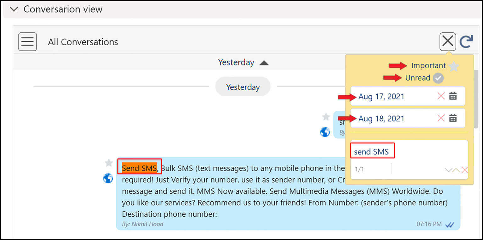 360 Sms App to filter available in Conversation View