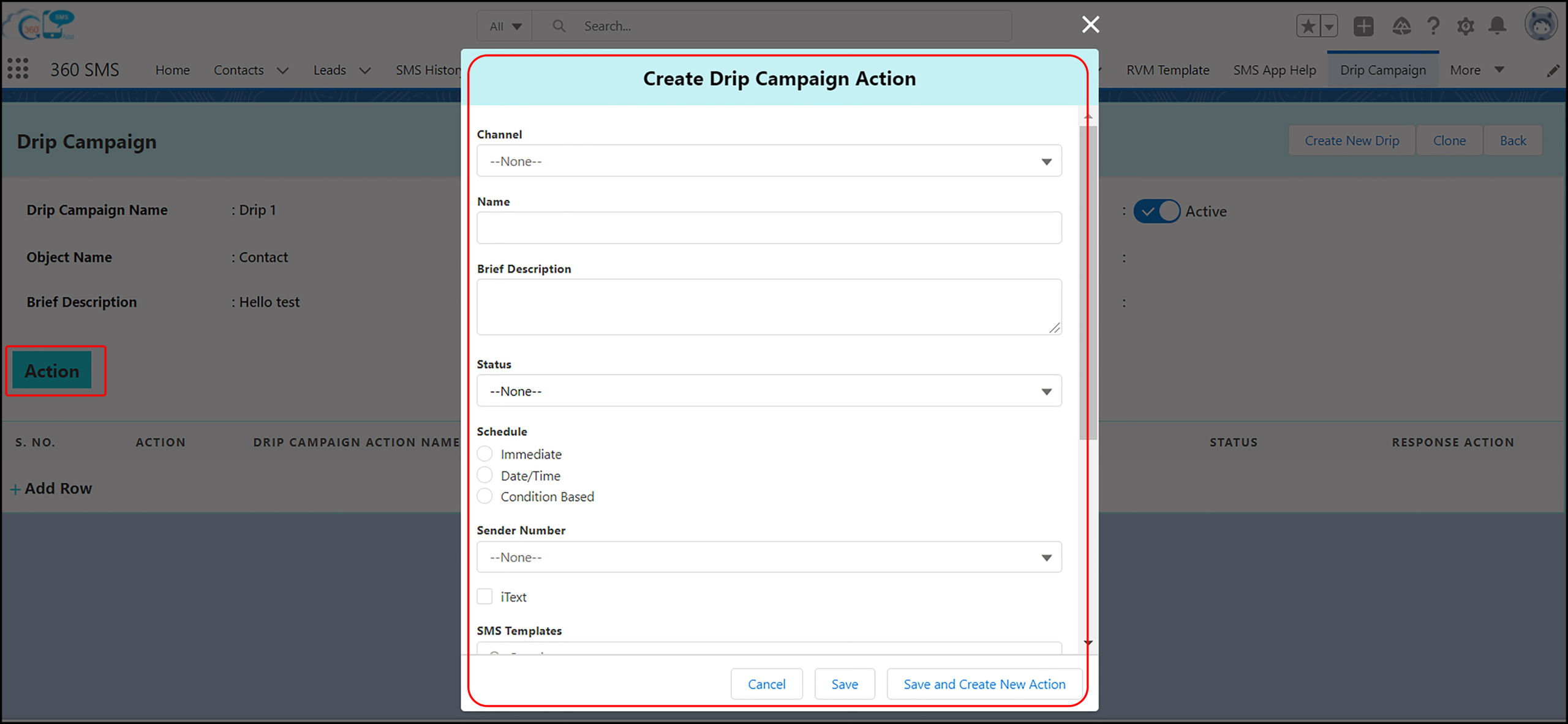 360 Sms App to create campaign drip action