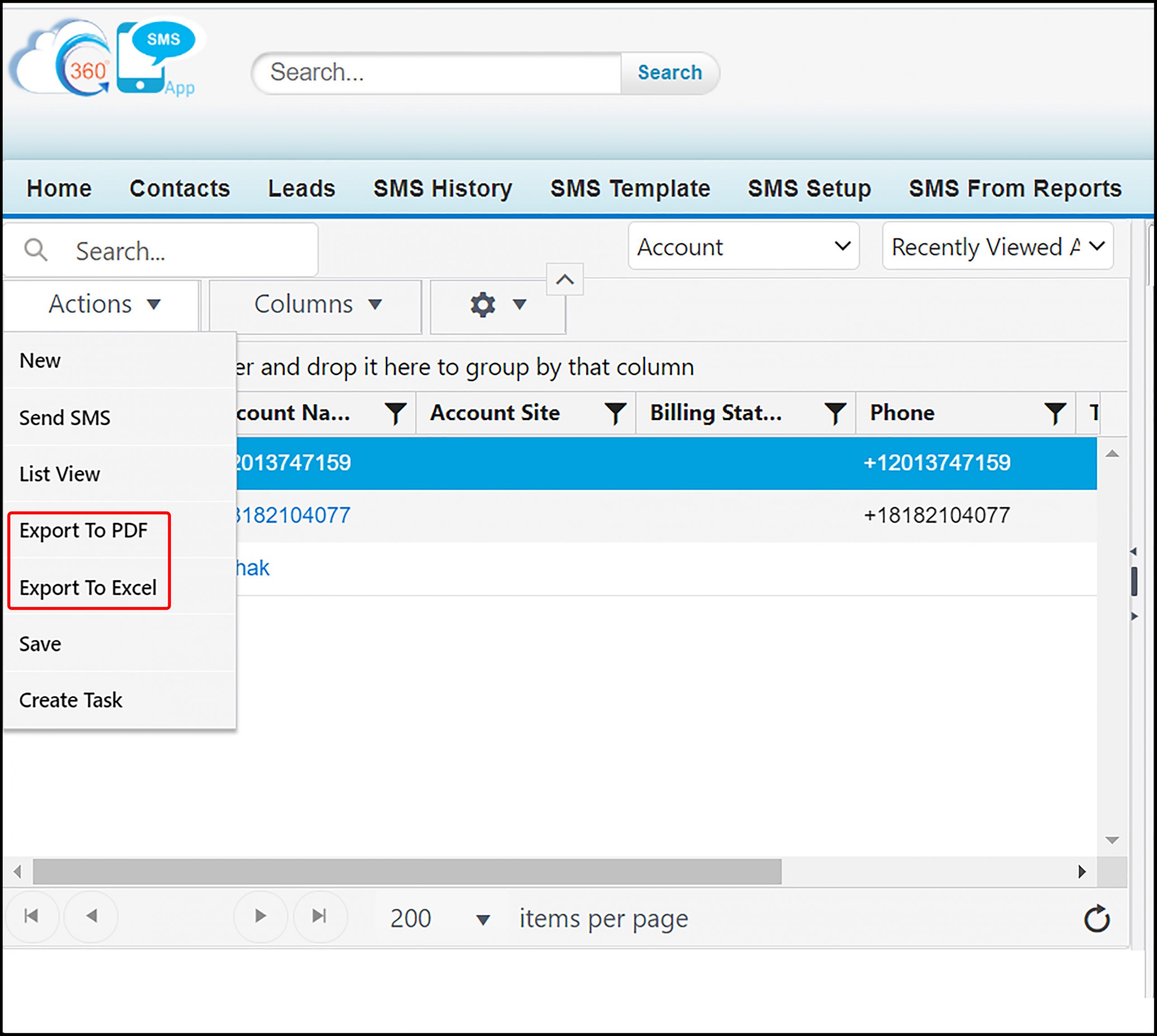 360 Sms App to action tab for various records