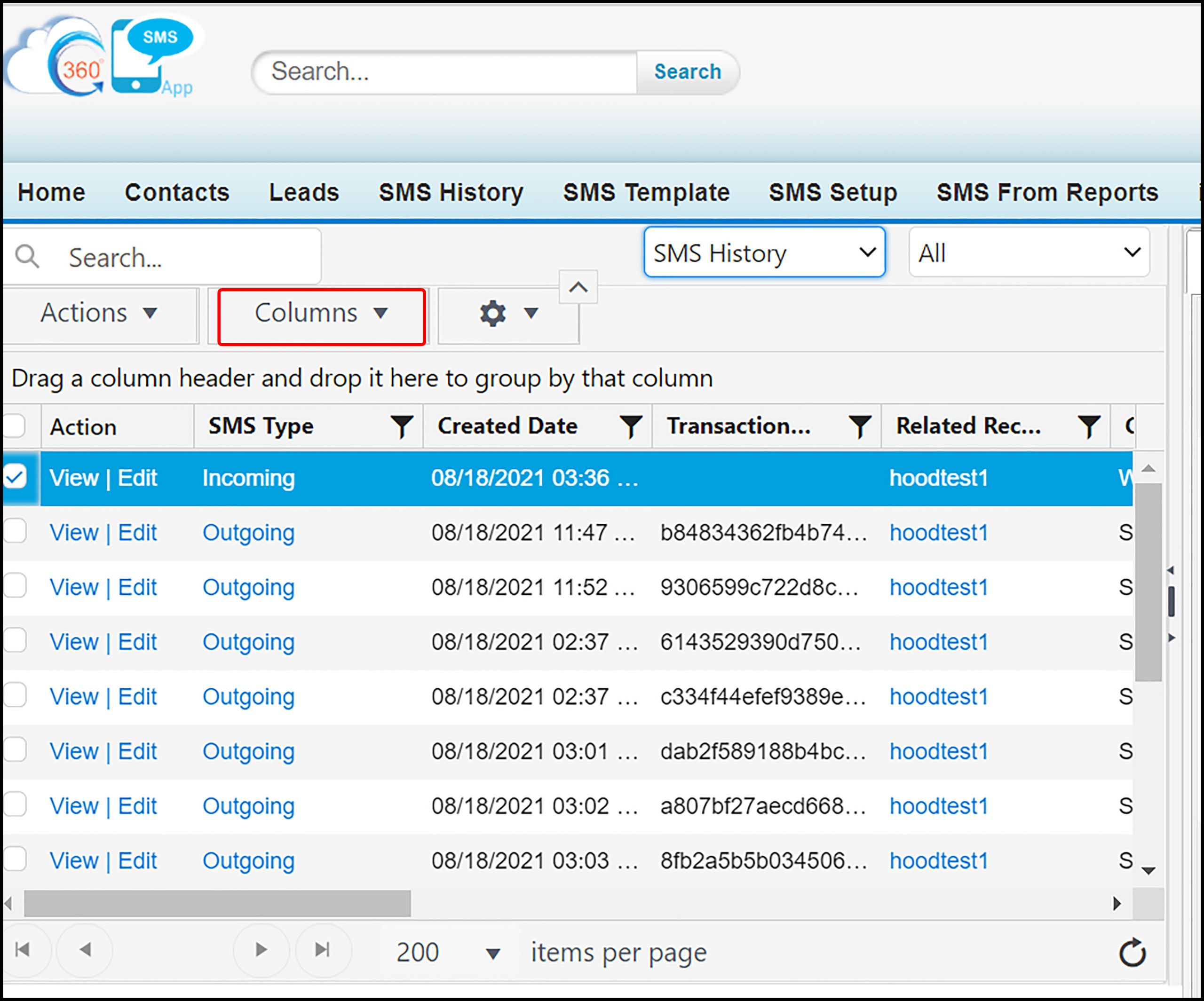 360 Sms App Conversation managers column tab