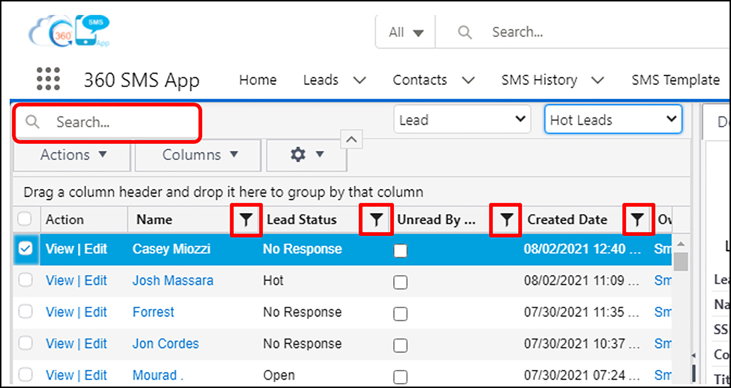 360 Sms App Conversation Manager tabs for segmenting contacts