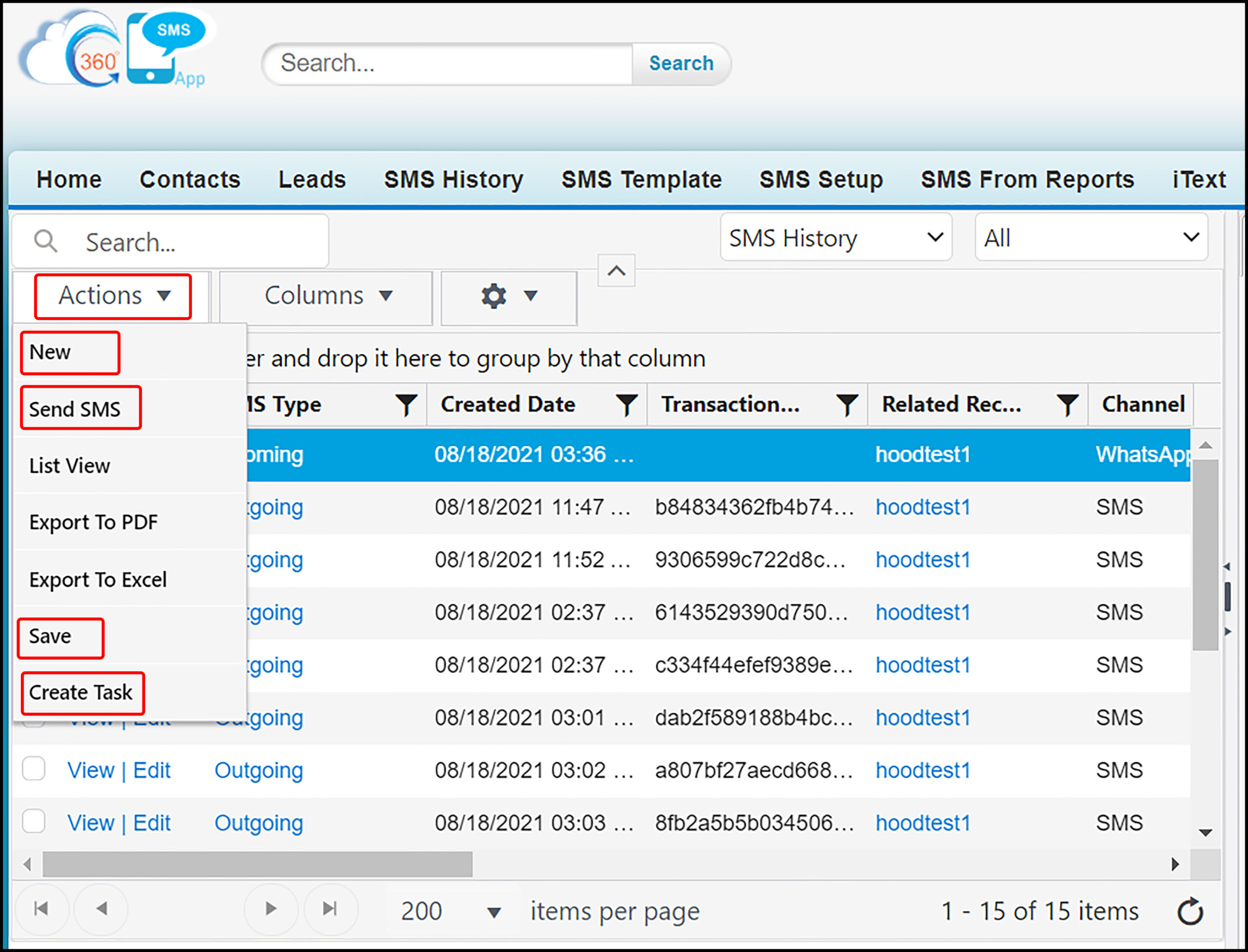 360 Sms App to take individual actions for records inline